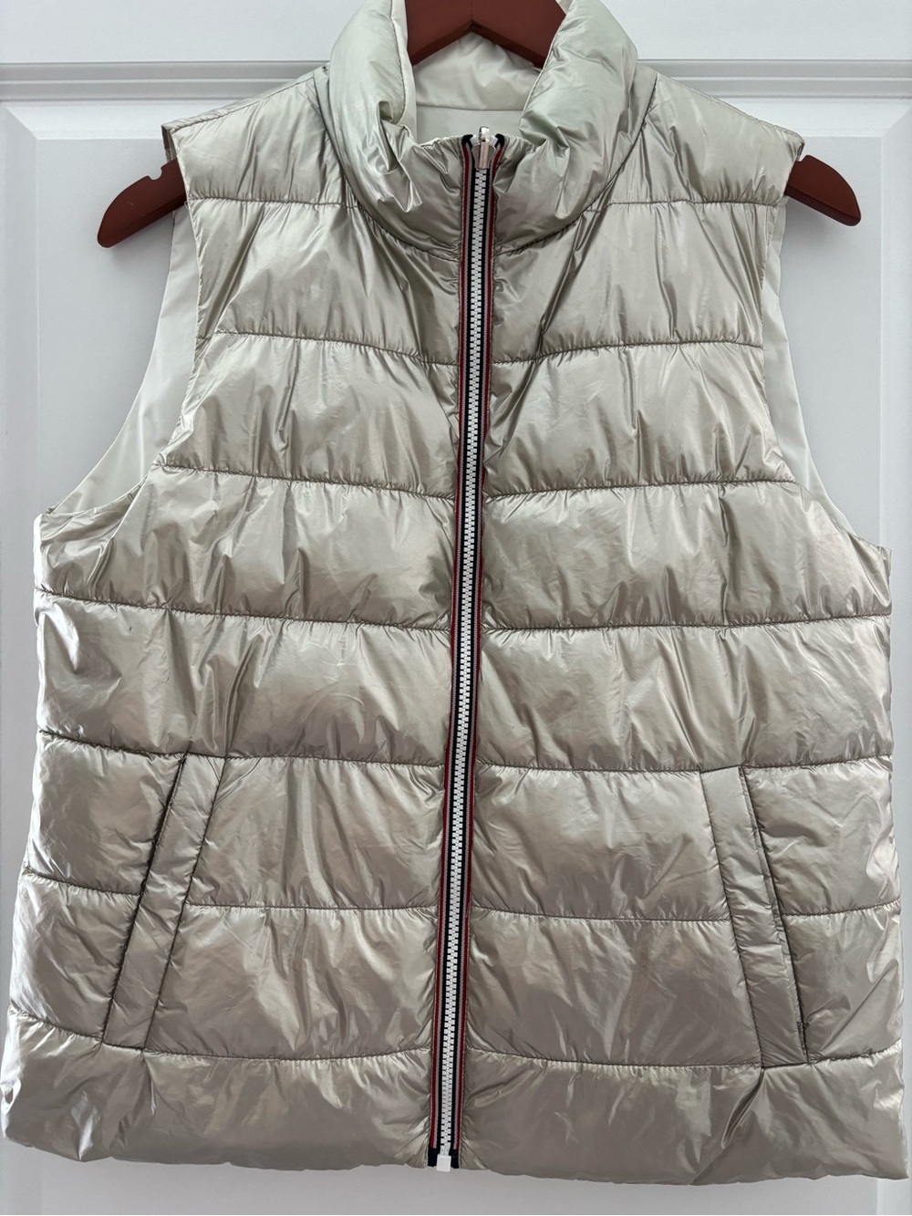 Women's Metallic  and White Reversible Quilted Puffer Vest with Stand Collar